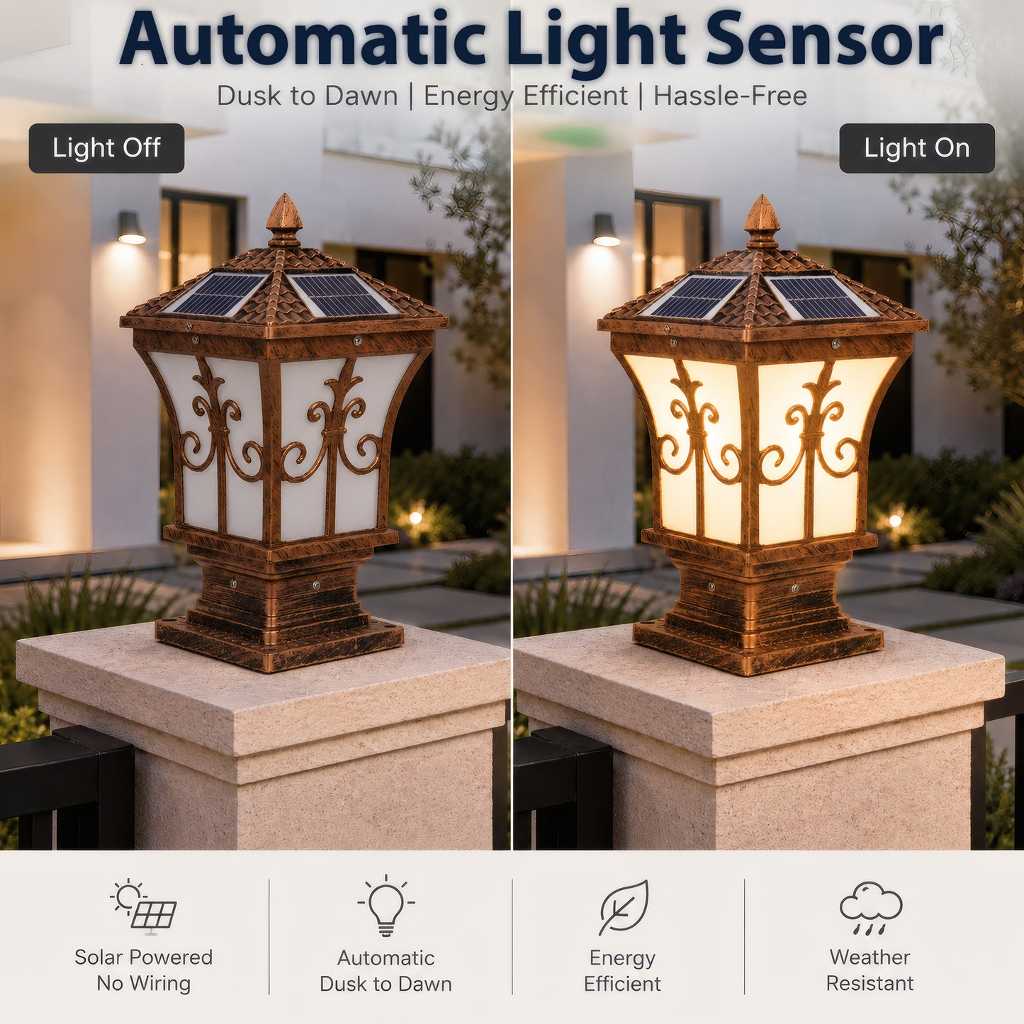 Bronze Solar Post Light, IP65 Waterproof Outdoor LED Column Lamp with 3 Color Modes