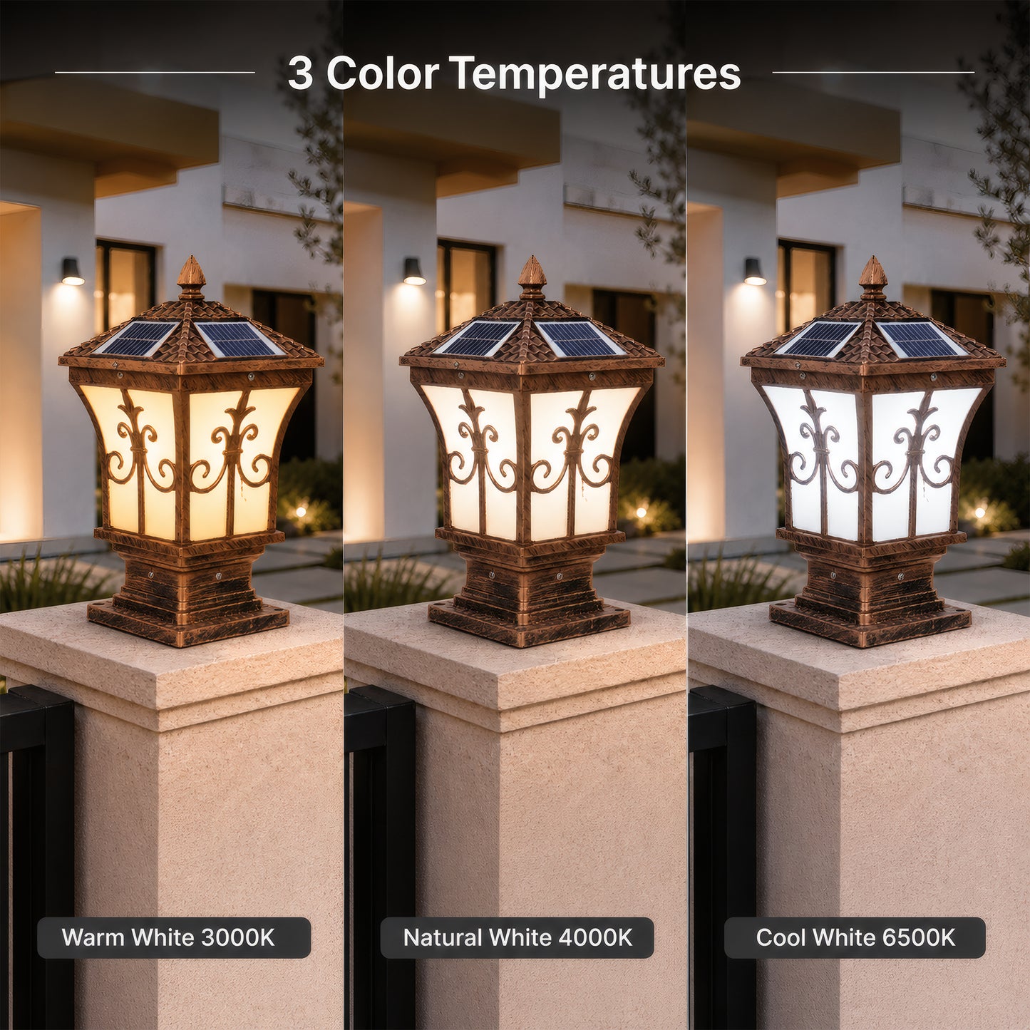 Bronze Solar Post Light, IP65 Waterproof Outdoor LED Column Lamp with 3 Color Modes