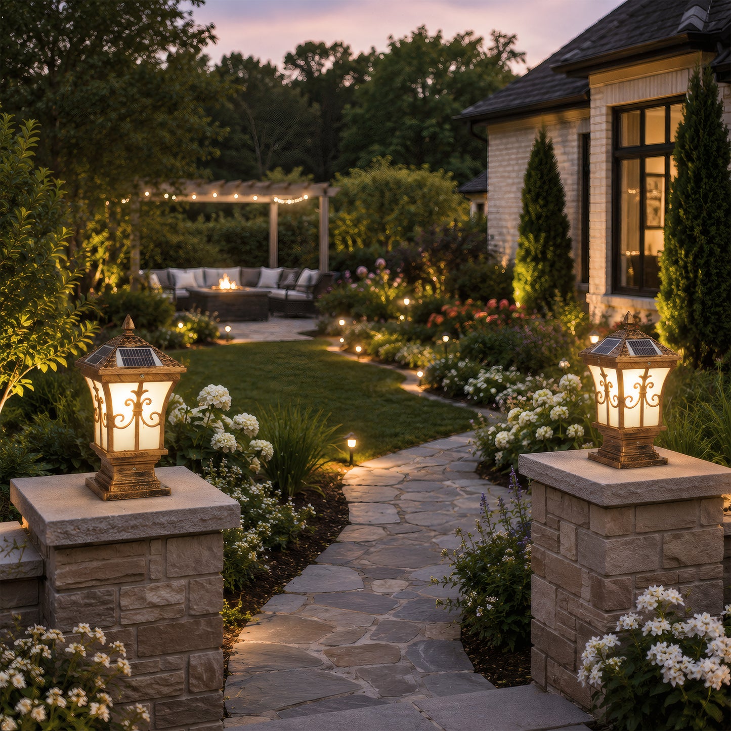 Bronze Solar Post Light, IP65 Waterproof Outdoor LED Column Lamp with 3 Color Modes
