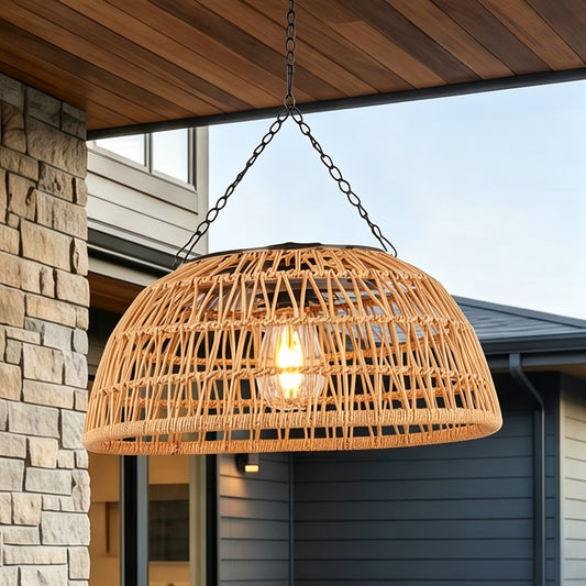 Outdoor Solar Rattan Pendant Light, Weatherproof Woven Dome Hanging Lamp