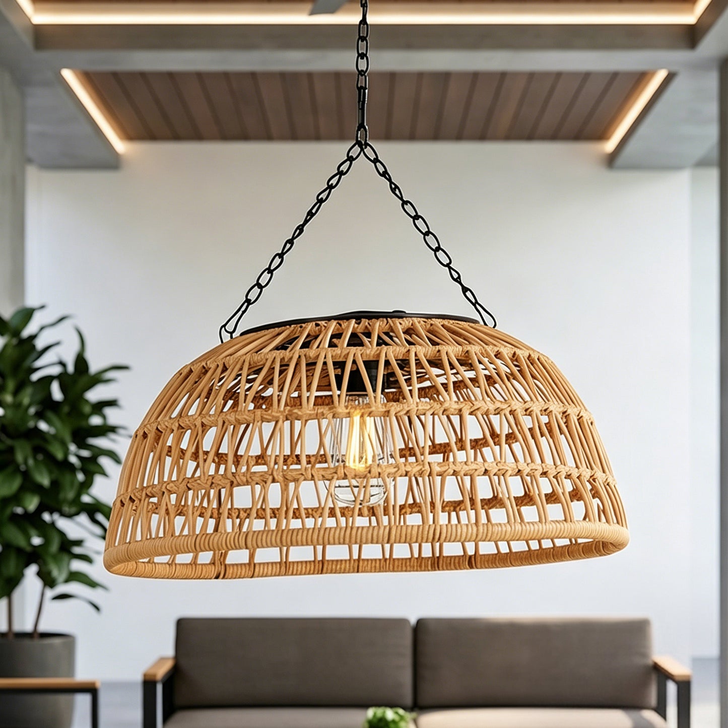 Outdoor Solar Rattan Pendant Light, Weatherproof Woven Dome Hanging Lamp