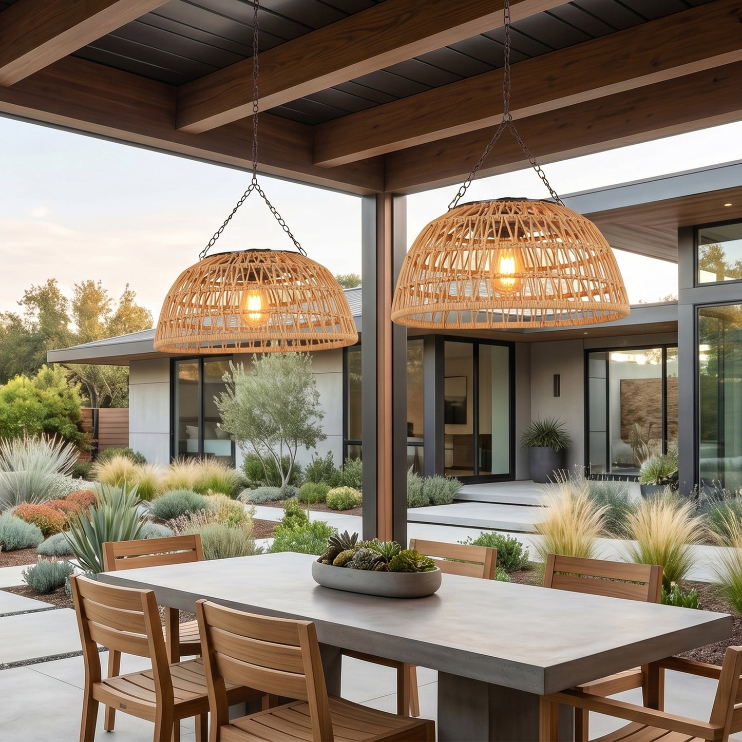 Outdoor Solar Rattan Pendant Light, Weatherproof Woven Dome Hanging Lamp
