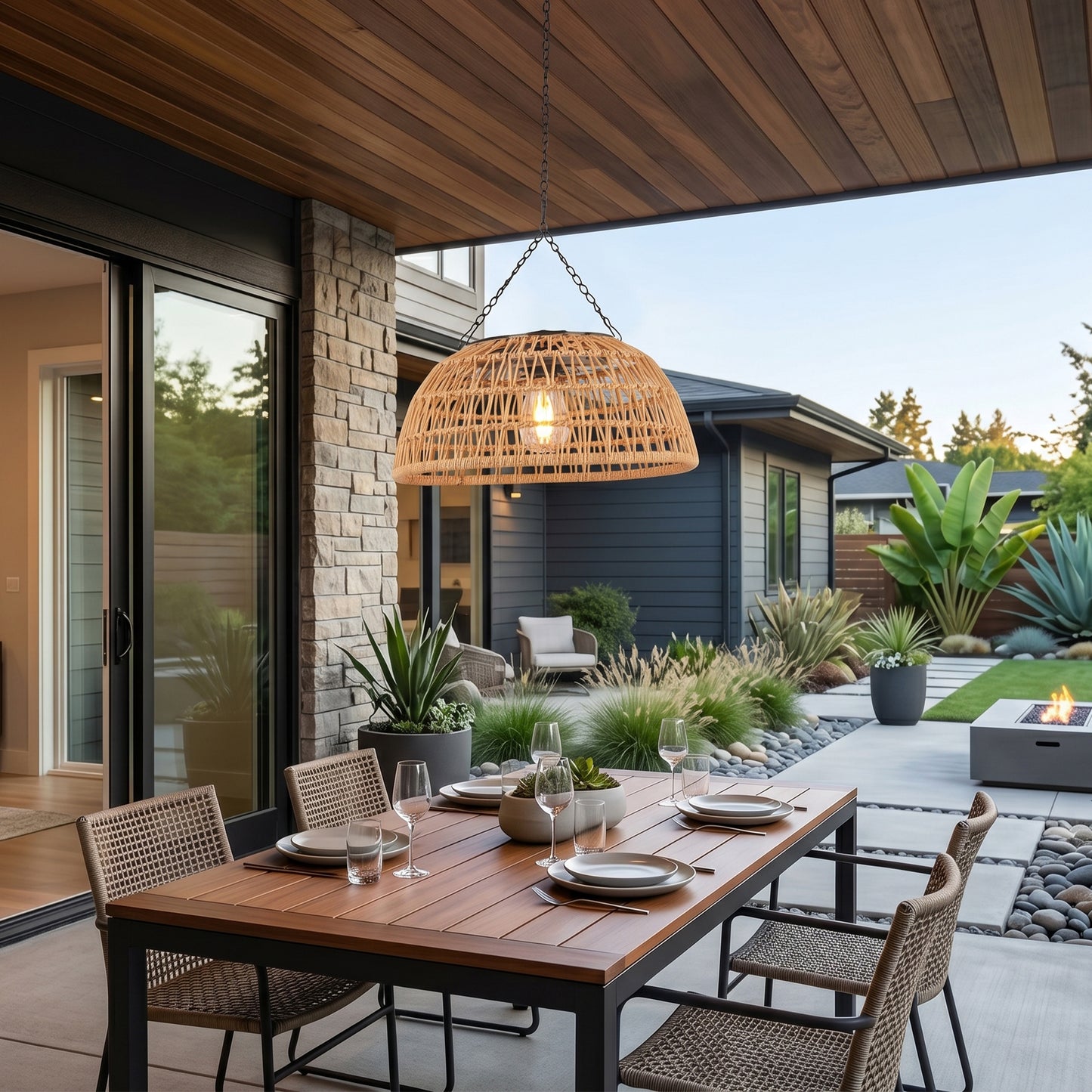 Outdoor Solar Rattan Pendant Light, Weatherproof Woven Dome Hanging Lamp