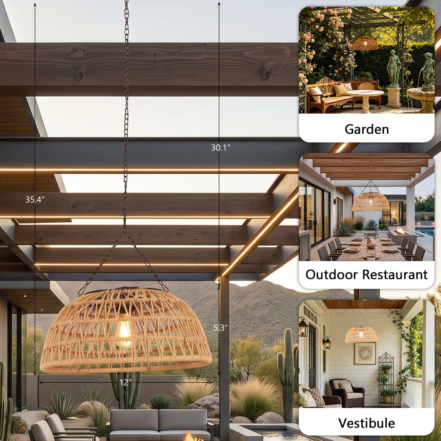 Outdoor Solar Rattan Pendant Light, Weatherproof Woven Dome Hanging Lamp