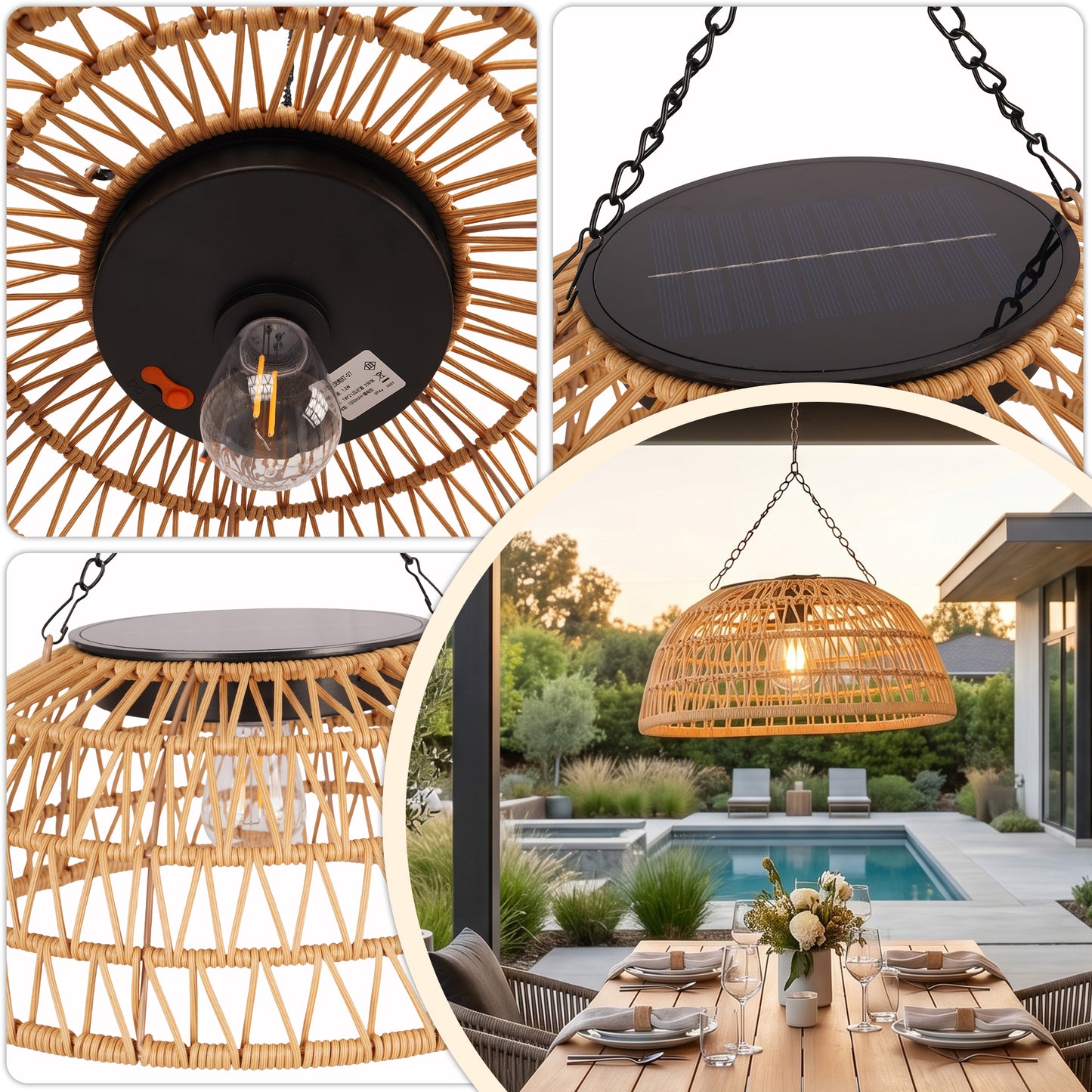 Outdoor Solar Rattan Pendant Light, Weatherproof Woven Dome Hanging Lamp