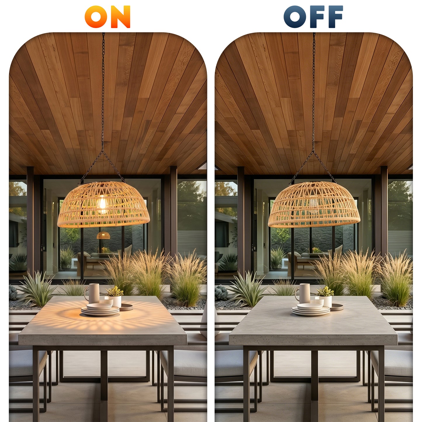 Outdoor Solar Rattan Pendant Light, Weatherproof Woven Dome Hanging Lamp