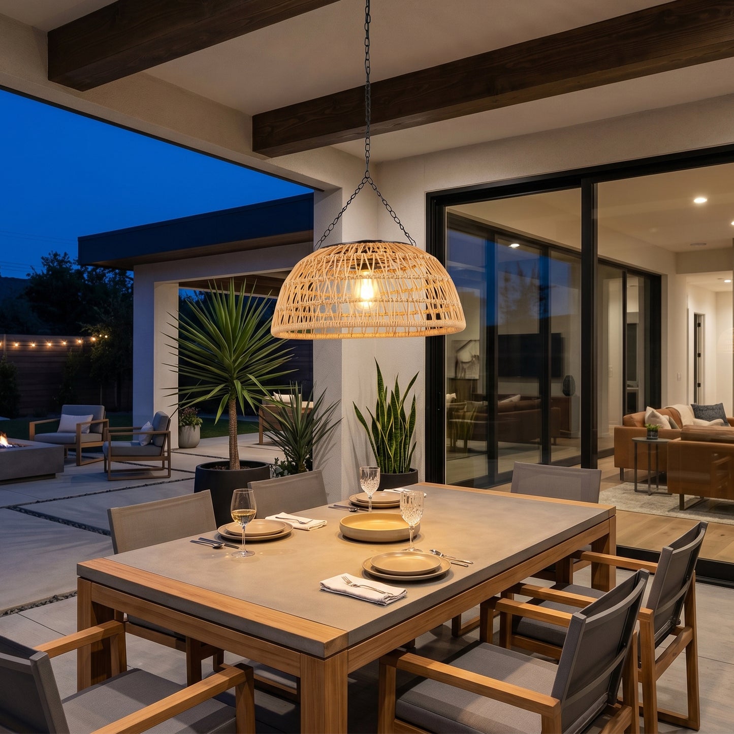 Outdoor Solar Rattan Pendant Light, Weatherproof Woven Dome Hanging Lamp