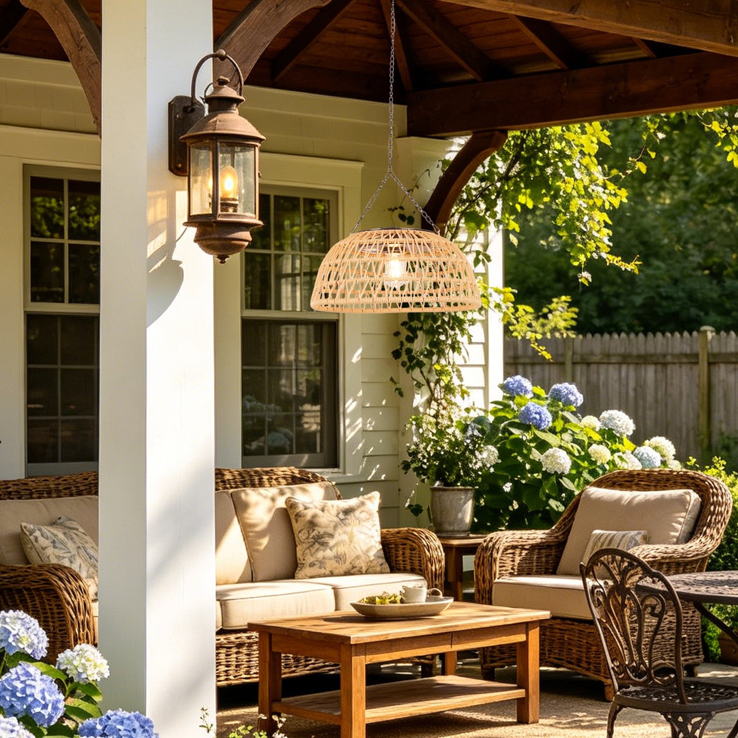 Outdoor Solar Rattan Pendant Light, Weatherproof Woven Dome Hanging Lamp