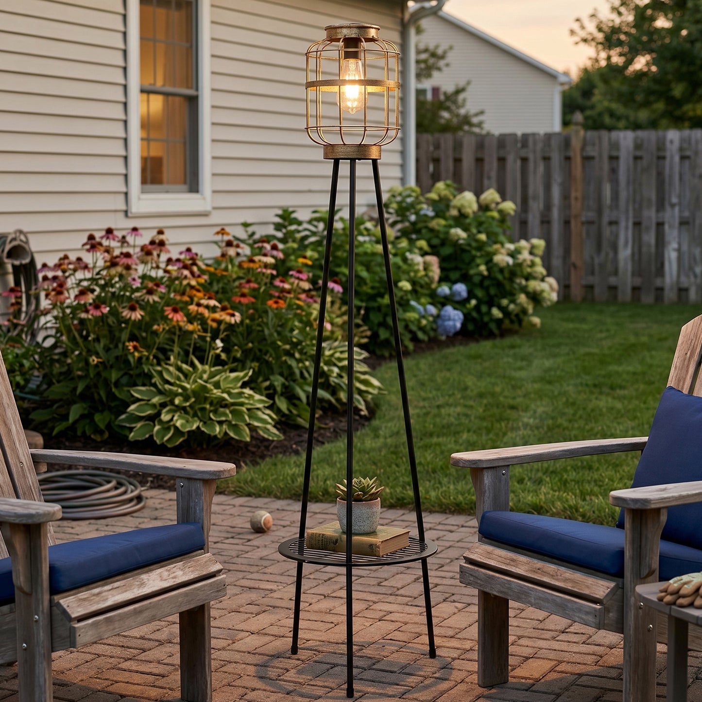 Solar Outdoor Floor Lamp with Table, Vintage Cage Lantern LED Light, Weatherproof Patio Garden Standing Lamp