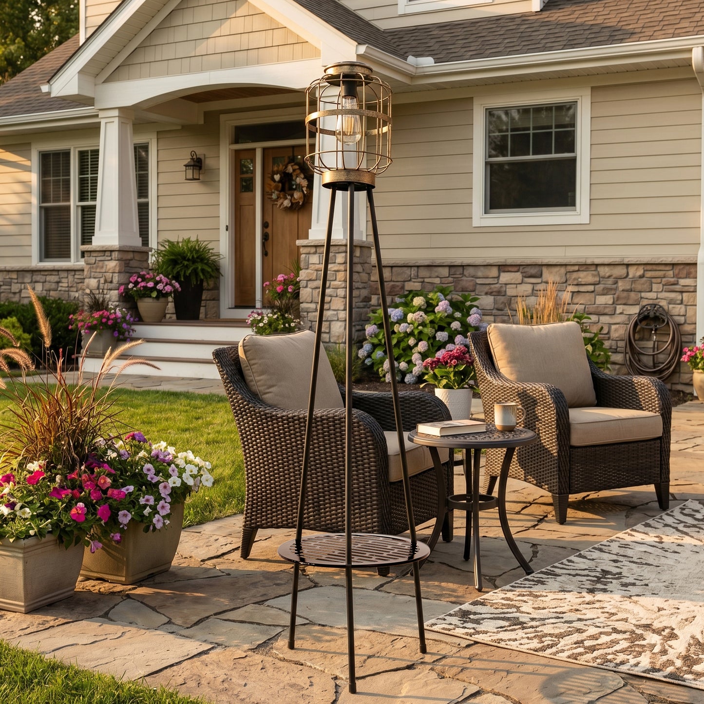 Solar Outdoor Floor Lamp with Table, Vintage Cage Lantern LED Light, Weatherproof Patio Garden Standing Lamp