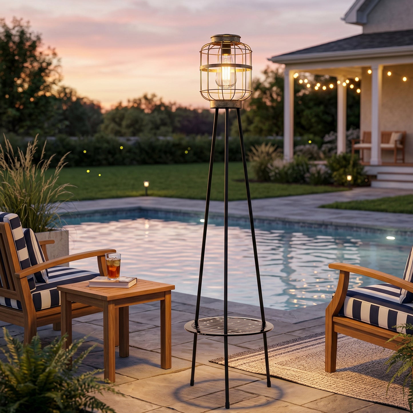 Solar Outdoor Floor Lamp with Table, Vintage Cage Lantern LED Light, Weatherproof Patio Garden Standing Lamp