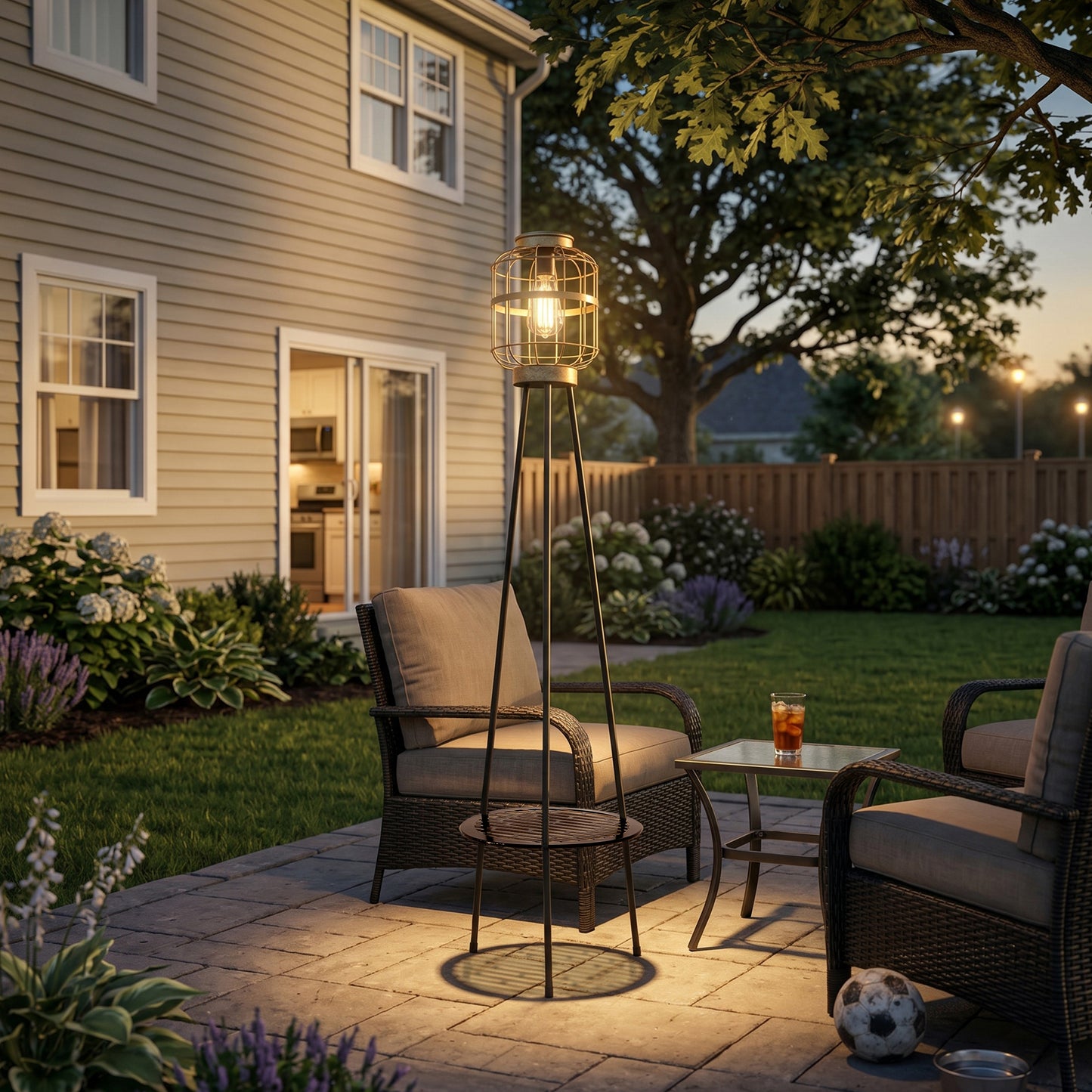 Solar Outdoor Floor Lamp with Table, Vintage Cage Lantern LED Light, Weatherproof Patio Garden Standing Lamp