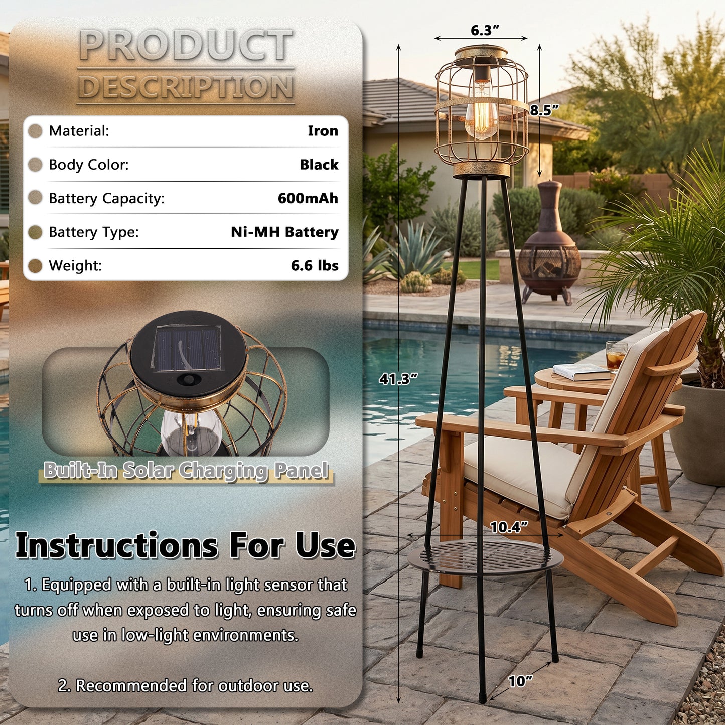 Solar Outdoor Floor Lamp with Table, Vintage Cage Lantern LED Light, Weatherproof Patio Garden Standing Lamp