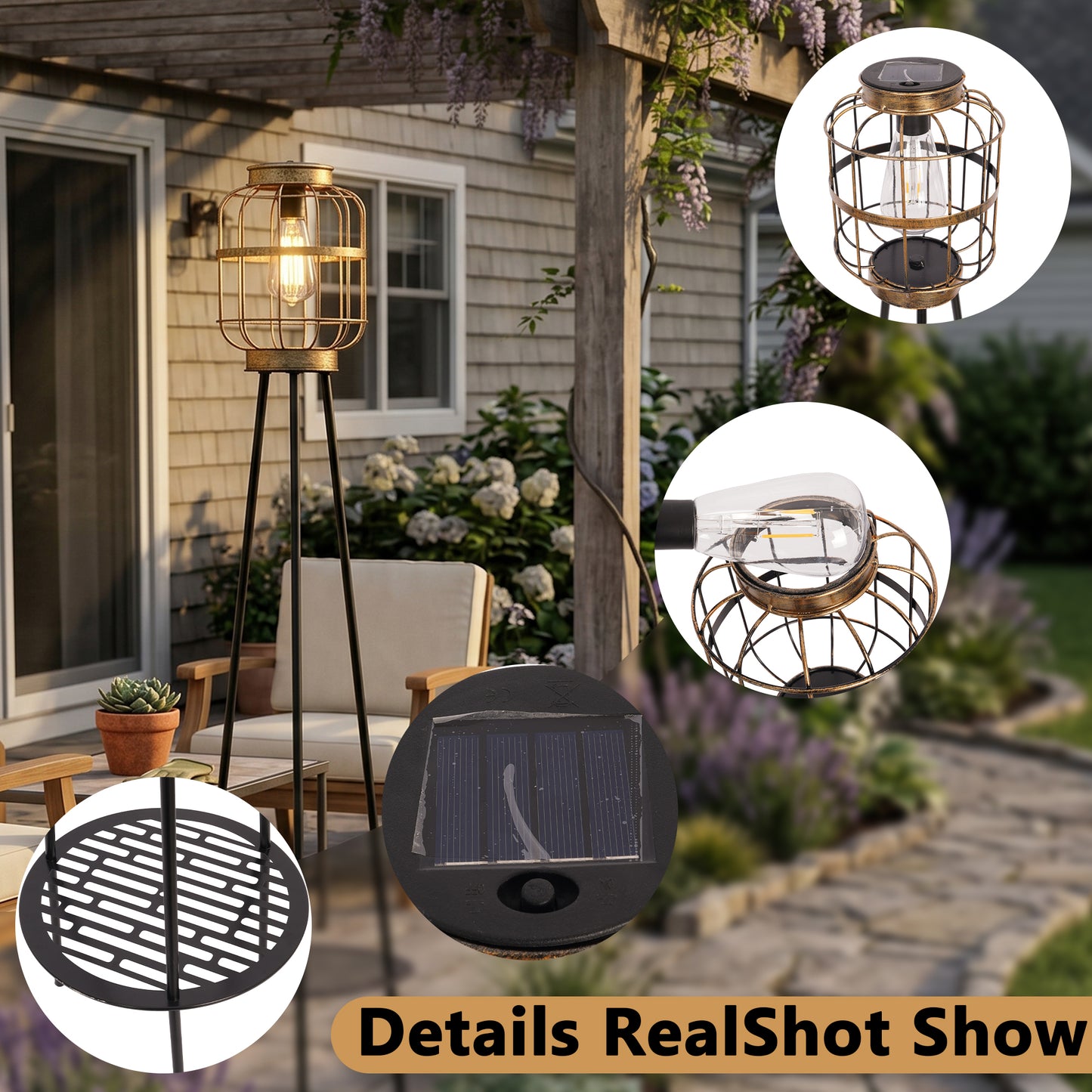 Solar Outdoor Floor Lamp with Table, Vintage Cage Lantern LED Light, Weatherproof Patio Garden Standing Lamp