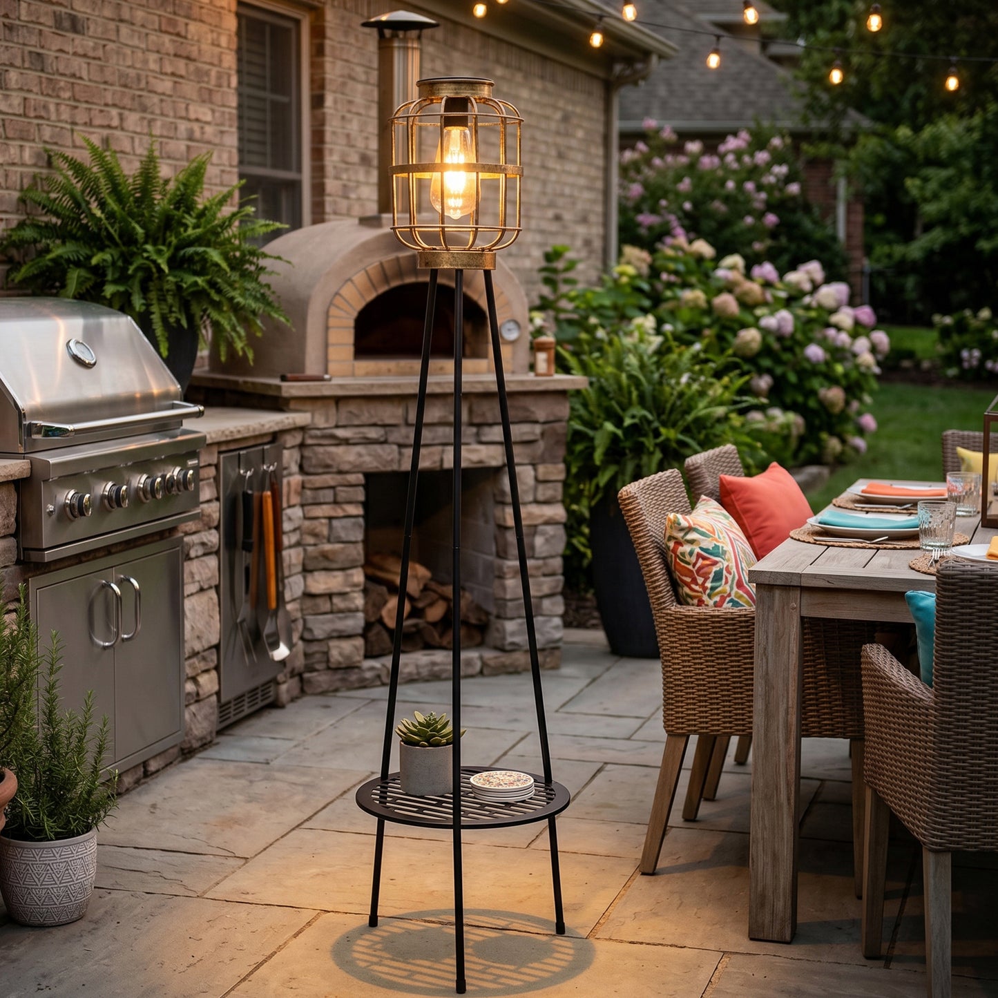 Solar Outdoor Floor Lamp with Table, Vintage Cage Lantern LED Light, Weatherproof Patio Garden Standing Lamp