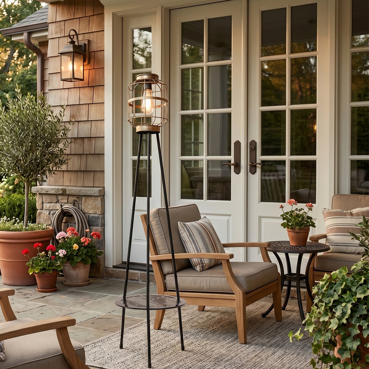 Solar Outdoor Floor Lamp with Table, Vintage Cage Lantern LED Light, Weatherproof Patio Garden Standing Lamp