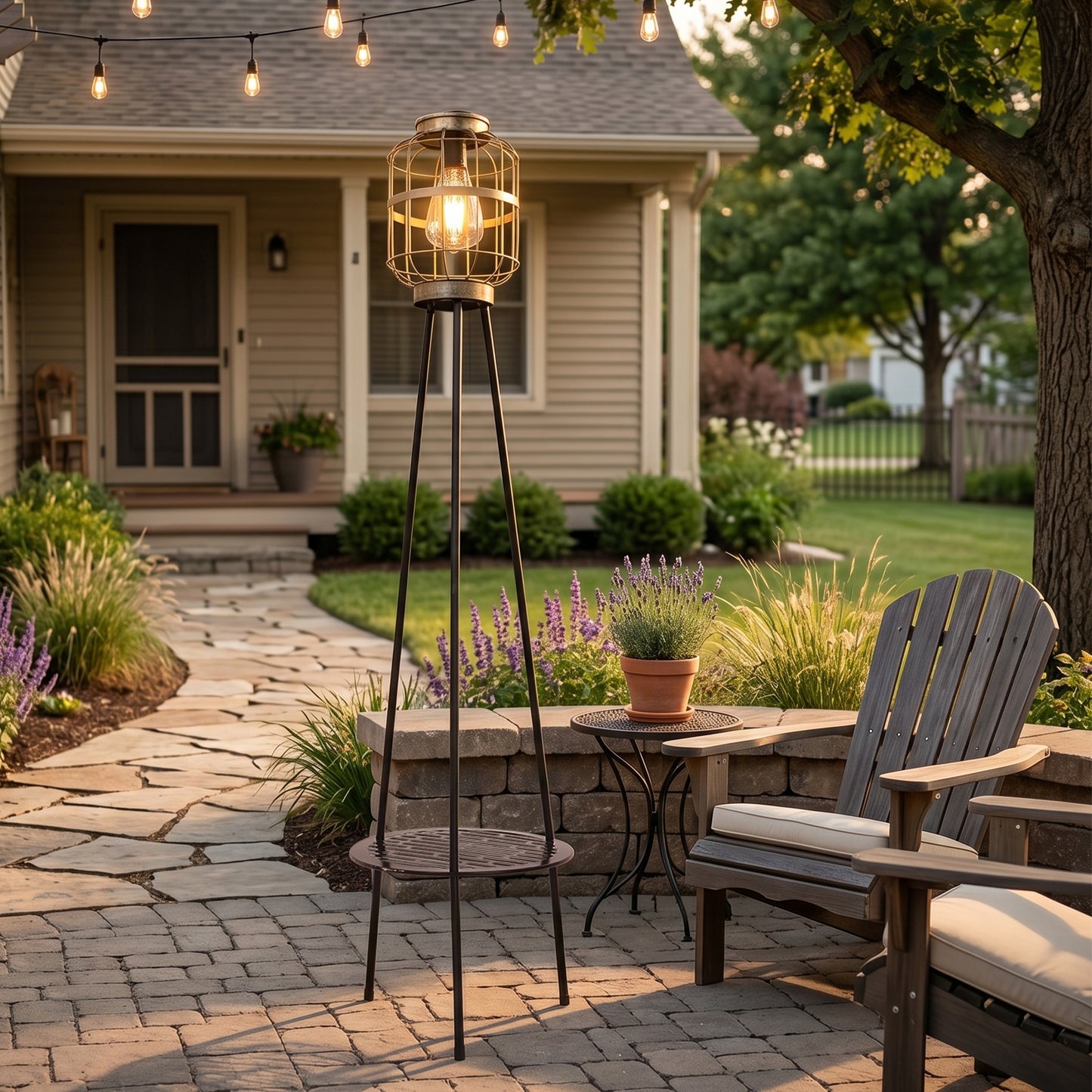 Solar Outdoor Floor Lamp with Table, Vintage Cage Lantern LED Light, Weatherproof Patio Garden Standing Lamp