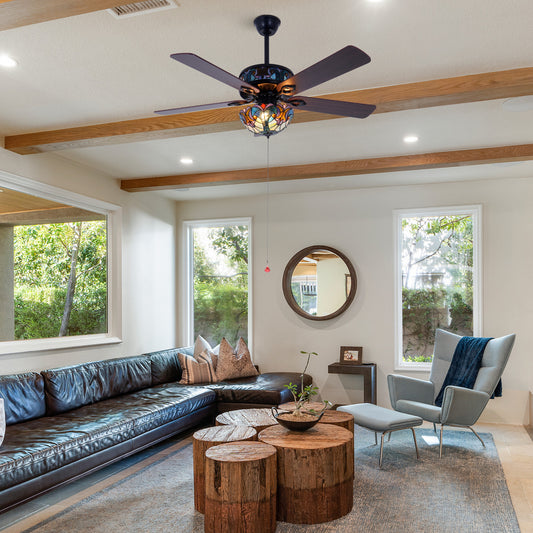 52-Inch Black Ceiling Fan With Tiffany Light DS-FH88