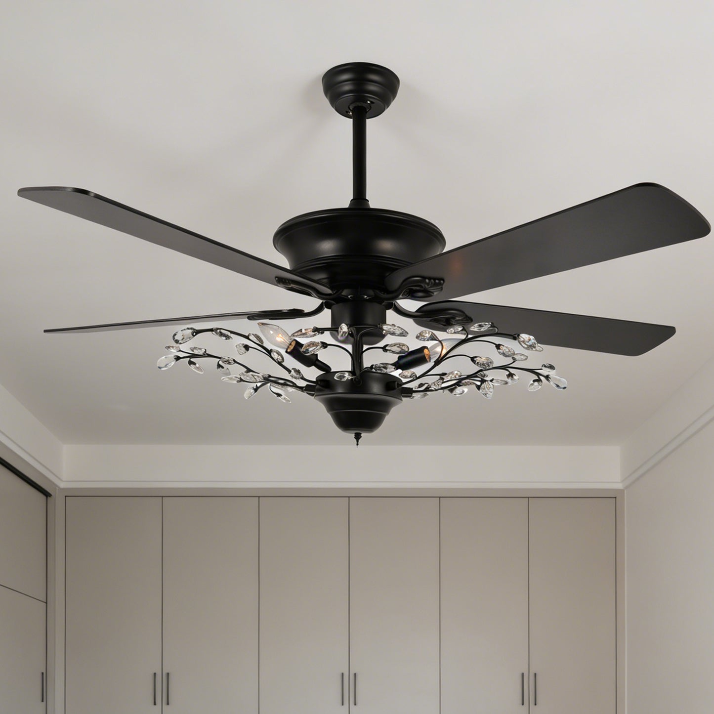 46 Inch Black Crystal Branch Ceiling Fan with Light - 5-Blade Remote Control Reversible Fan Light (6 Speeds)