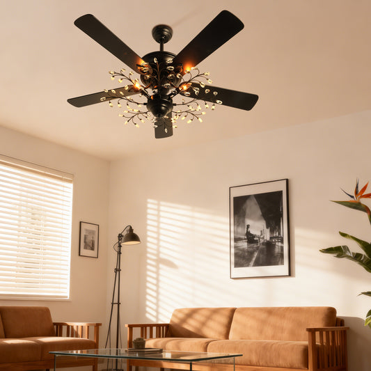 46 Inch Black Crystal Branch Ceiling Fan with Light - 5-Blade Remote Control Reversible Fan Light (6 Speeds)