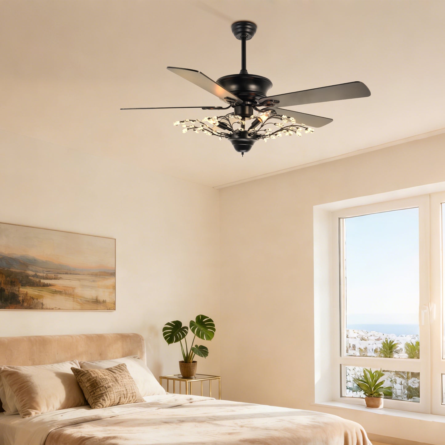 46 Inch Black Crystal Branch Ceiling Fan with Light - 5-Blade Remote Control Reversible Fan Light (6 Speeds)