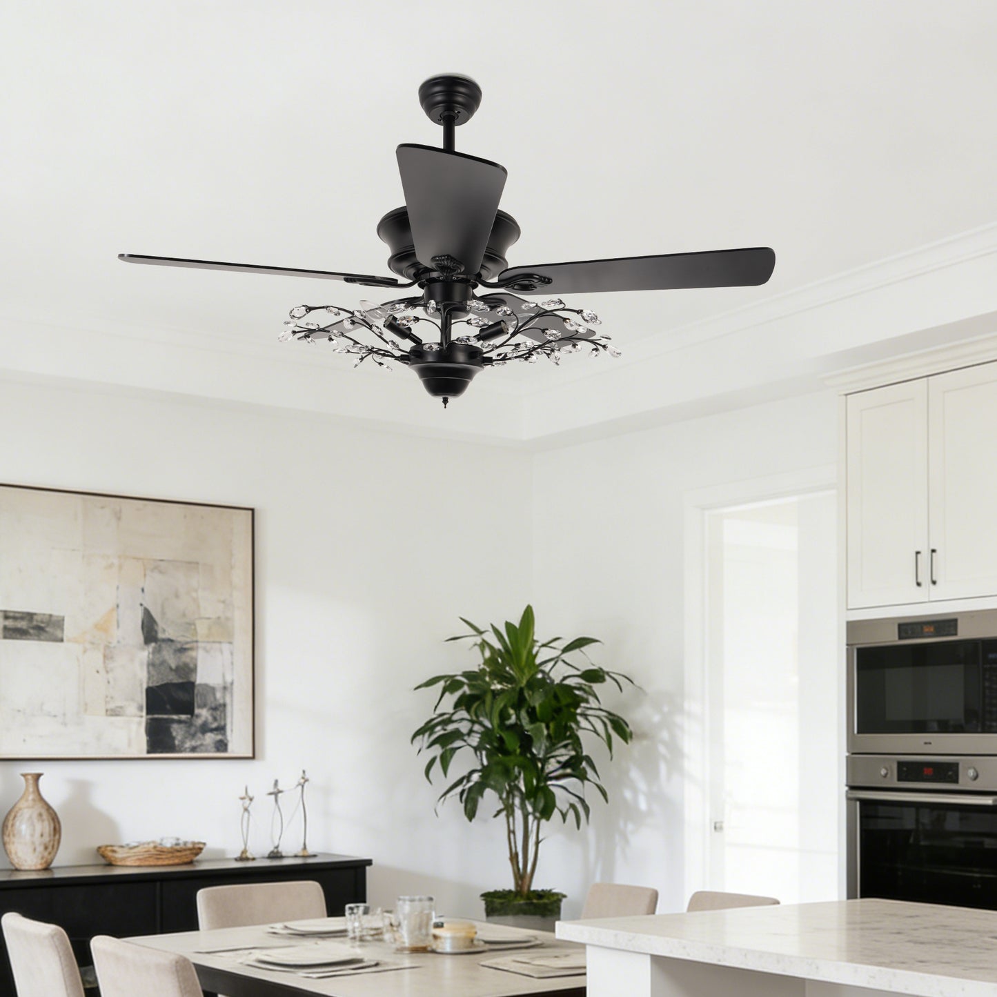 46 Inch Black Crystal Branch Ceiling Fan with Light - 5-Blade Remote Control Reversible Fan Light (6 Speeds)