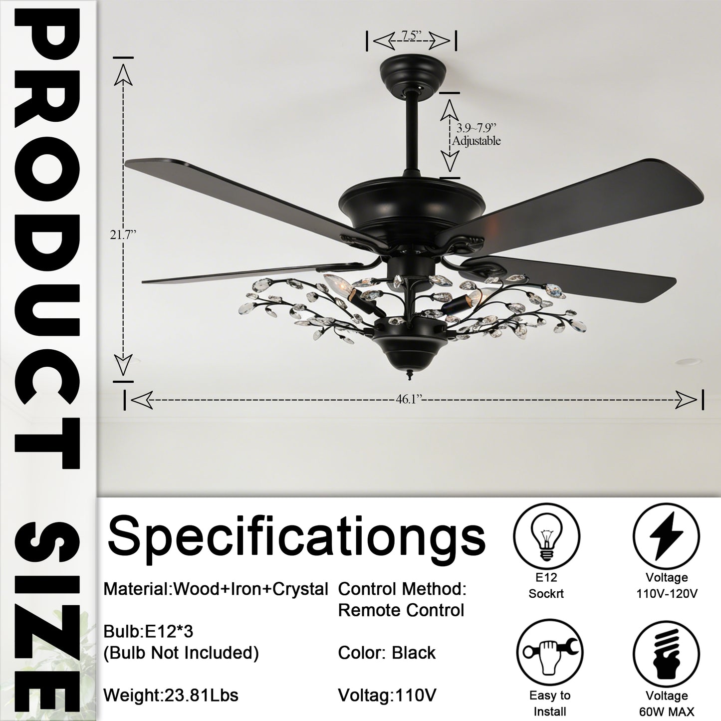 46 Inch Black Crystal Branch Ceiling Fan with Light - 5-Blade Remote Control Reversible Fan Light (6 Speeds)