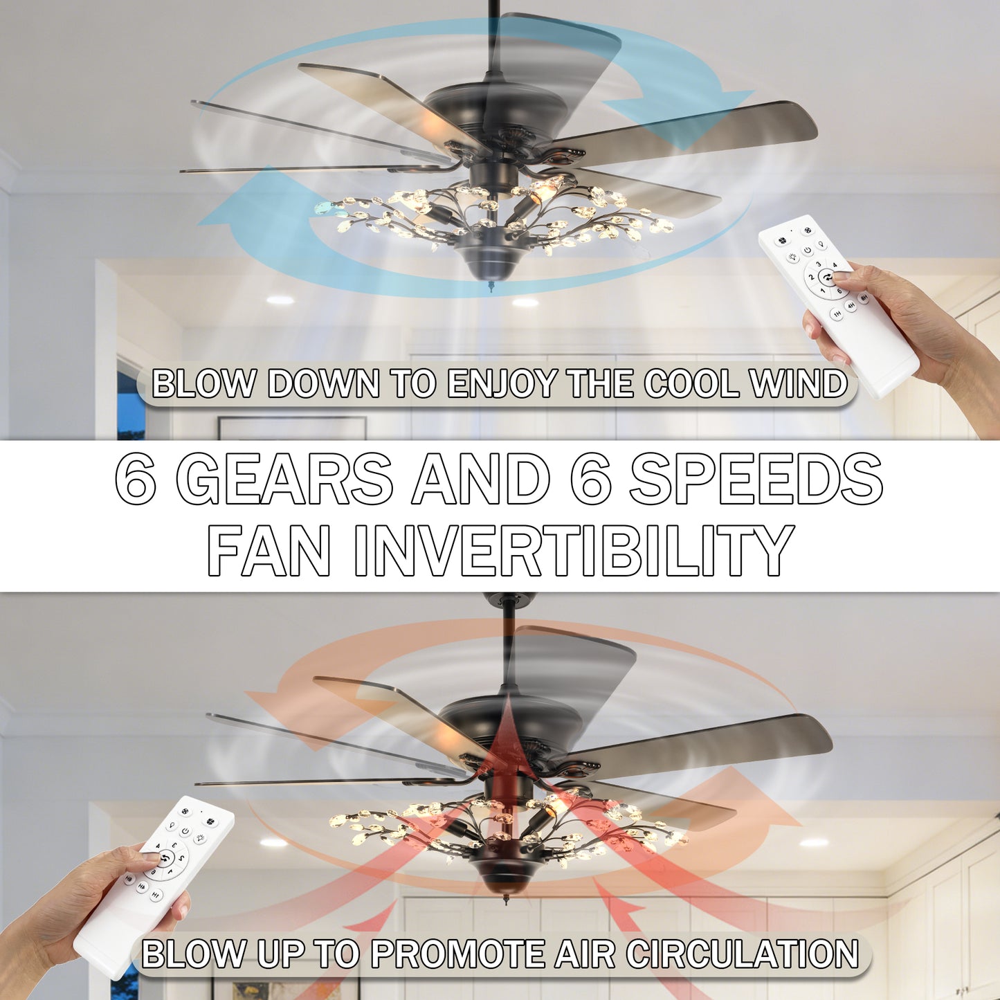 46 Inch Black Crystal Branch Ceiling Fan with Light - 5-Blade Remote Control Reversible Fan Light (6 Speeds)
