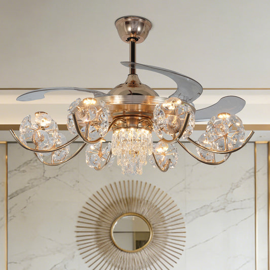 Gold Crystal Ceiling Fan with Light - 3-Color Dimmable Invisible Blade Chandelier Fan (6 Speeds Remote Control)