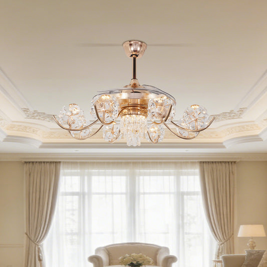Gold Crystal Ceiling Fan with Light - 3-Color Dimmable Invisible Blade Chandelier Fan (6 Speeds Remote Control)