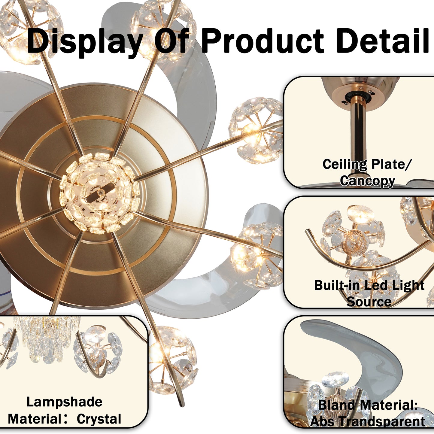 Gold Crystal Ceiling Fan with Light - 3-Color Dimmable Invisible Blade Chandelier Fan (6 Speeds Remote Control)