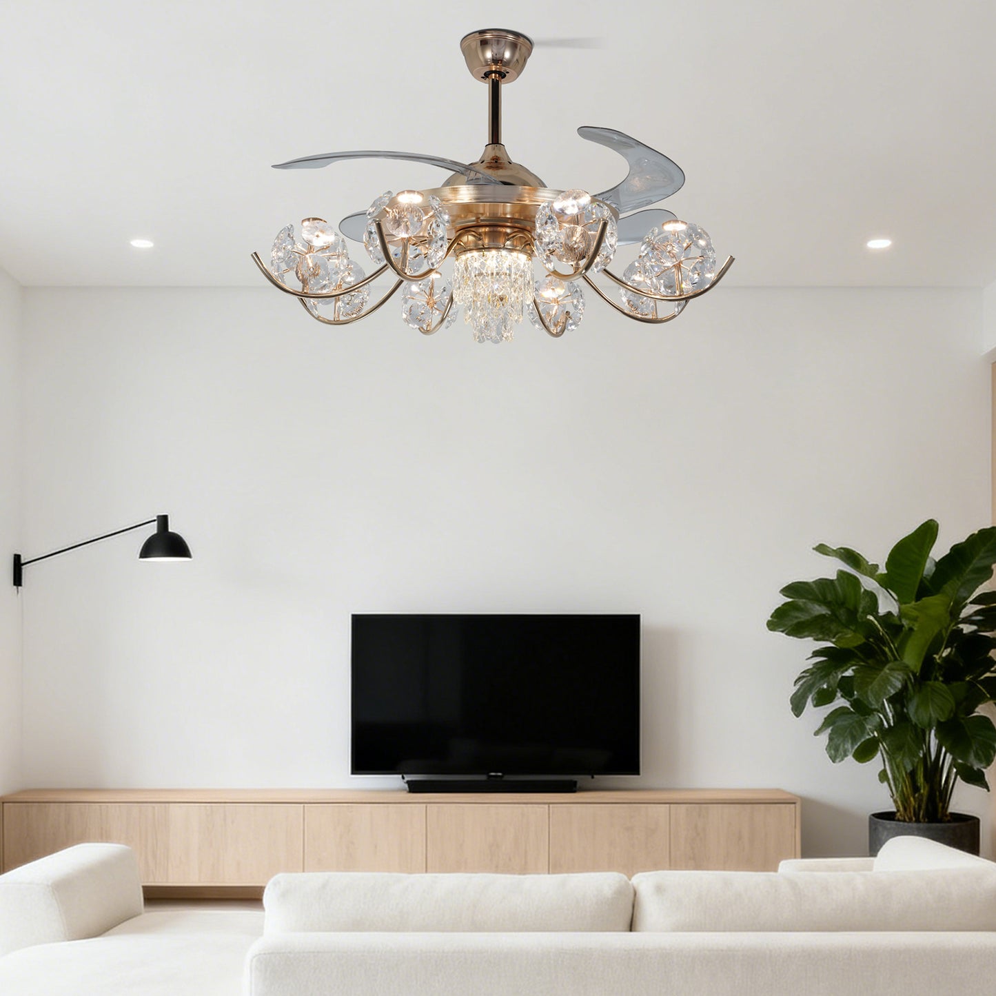 Gold Crystal Ceiling Fan with Light - 3-Color Dimmable Invisible Blade Chandelier Fan (6 Speeds Remote Control)