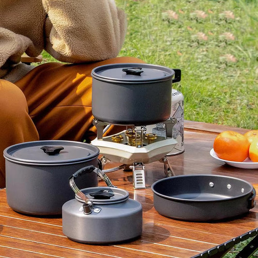 4 PC Outdoor Camping Cookware Set Kettle Cooking Pot Pan with Bowl and Spoon Aluminum Portable Cutlery Set