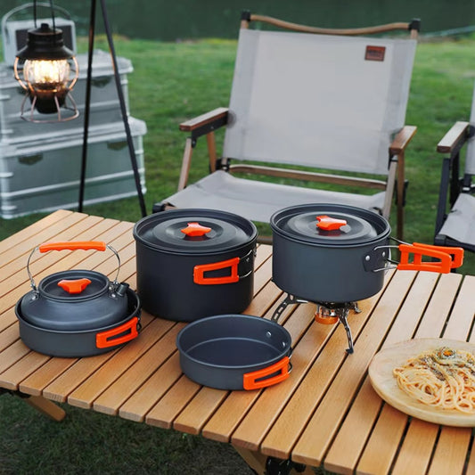 4 PC Outdoor Camping Cookware Set Kettle Cooking Pot Pan with Bowl and Spoon Aluminum Portable Cutlery Set