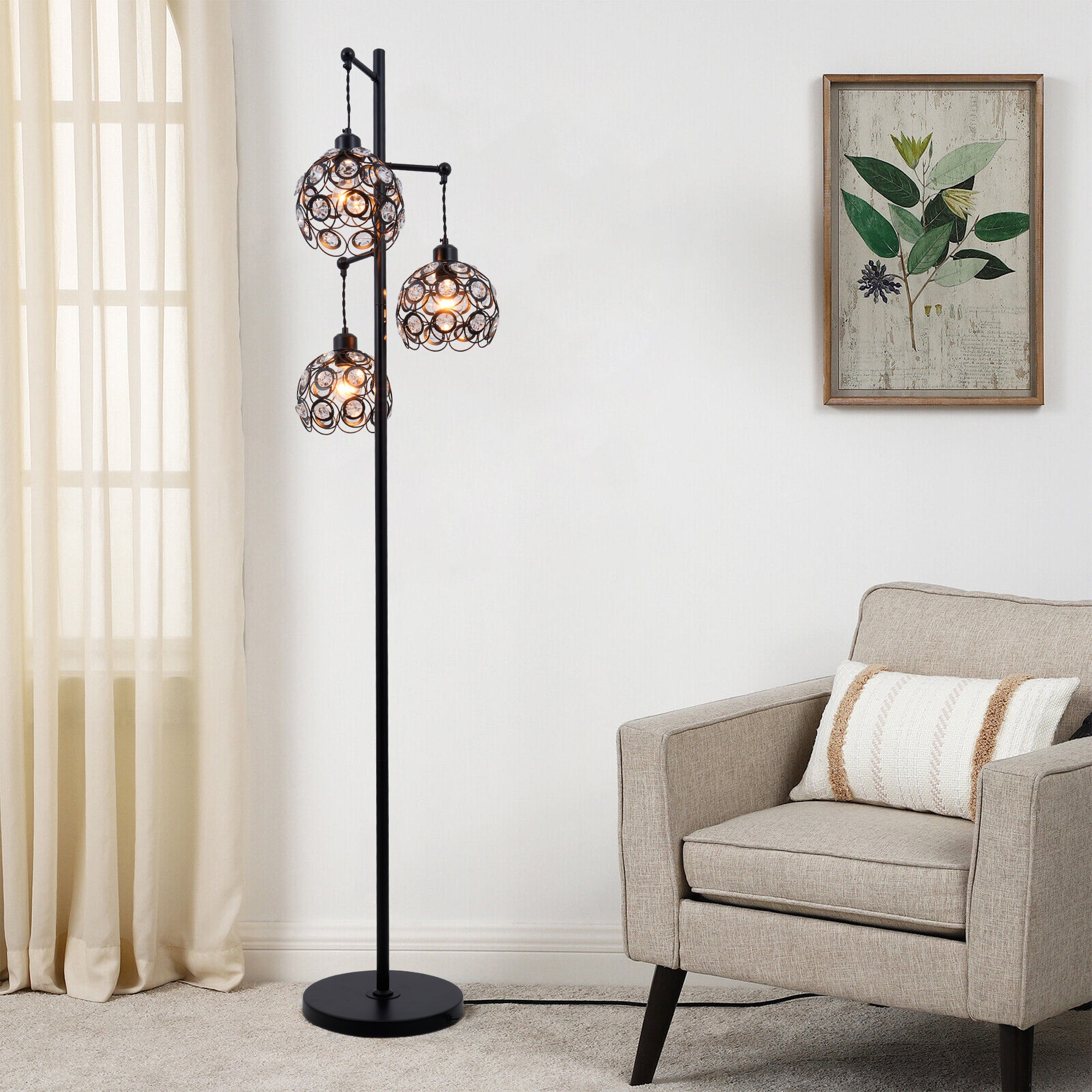 3-Head Wrought Iron Floor Lamp Black DS-LY02