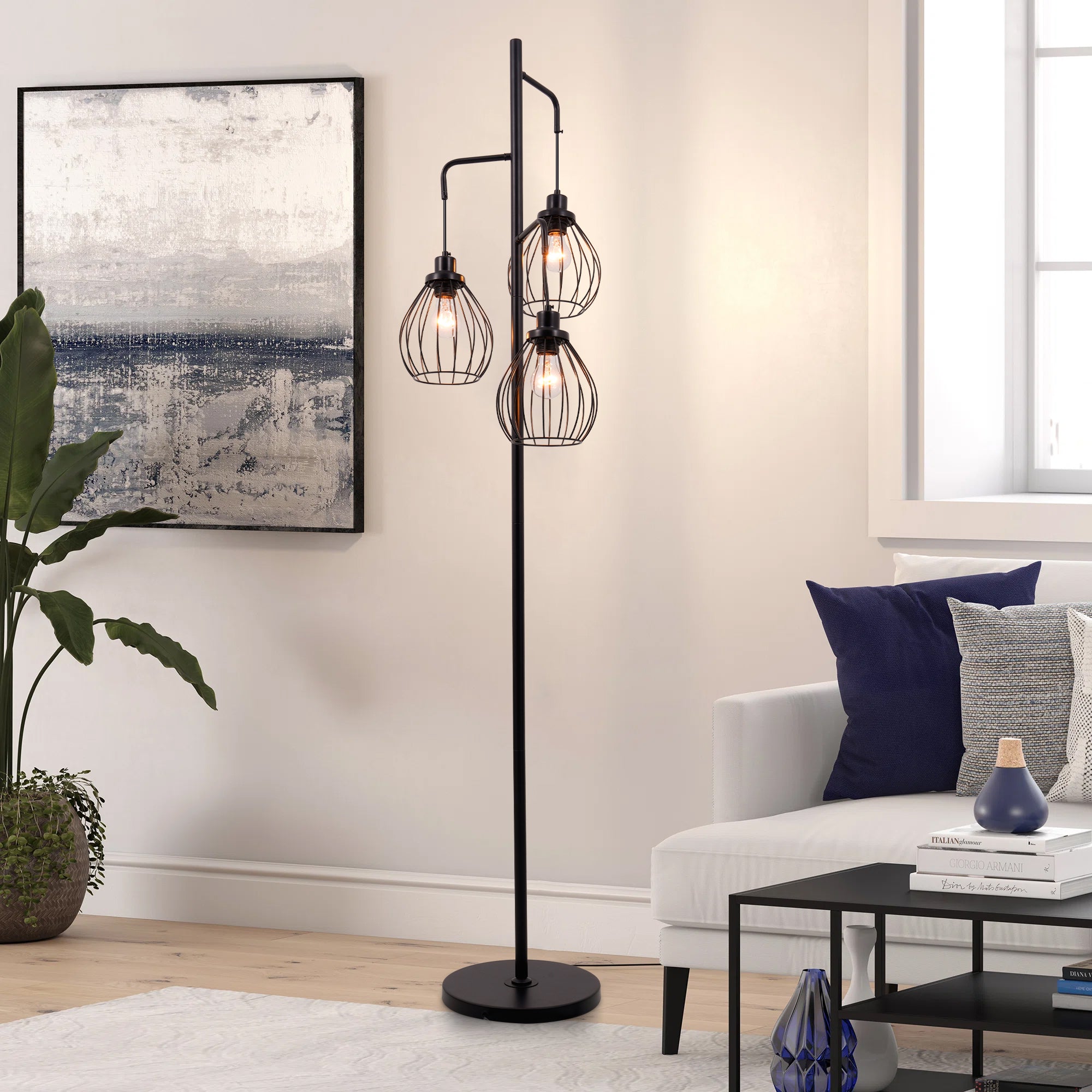 3-Head Black Bird Cage Floor Lamp DS-LY06