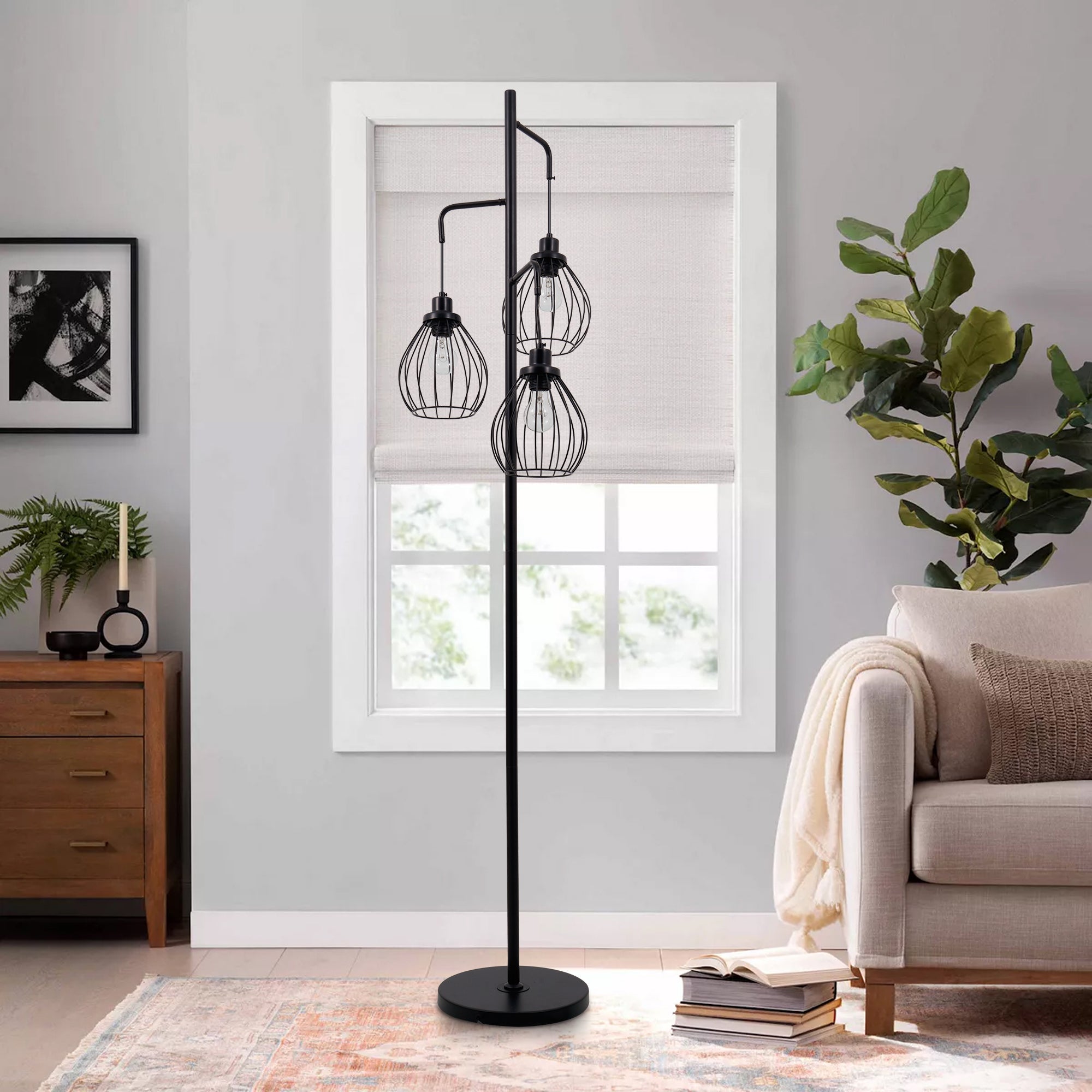 3-Head Black Bird Cage Floor Lamp DS-LY06