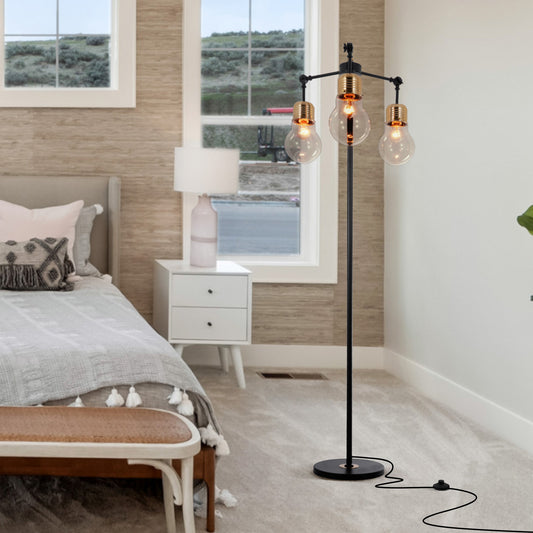 3 Light Gold/Black Floor Lamp With Clear Glass Shades DS-LY09