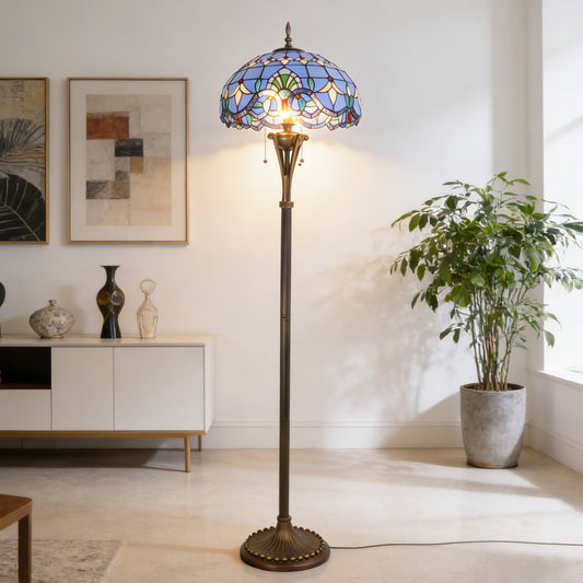 Blue Stained Glass Floor Lamp | Vintage Bronze 3-Light Pull Chain Standing Lamp