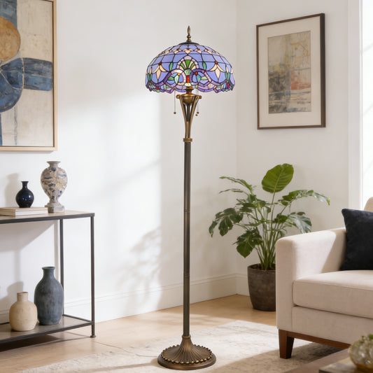 Blue Stained Glass Floor Lamp | Vintage Bronze 3-Light Pull Chain Standing Lamp