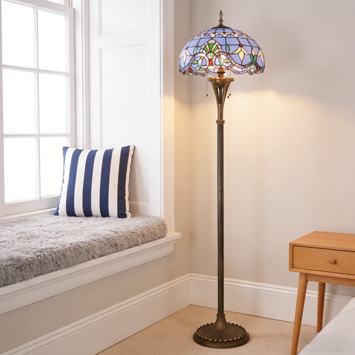 Blue Stained Glass Floor Lamp | Vintage Bronze 3-Light Pull Chain Standing Lamp