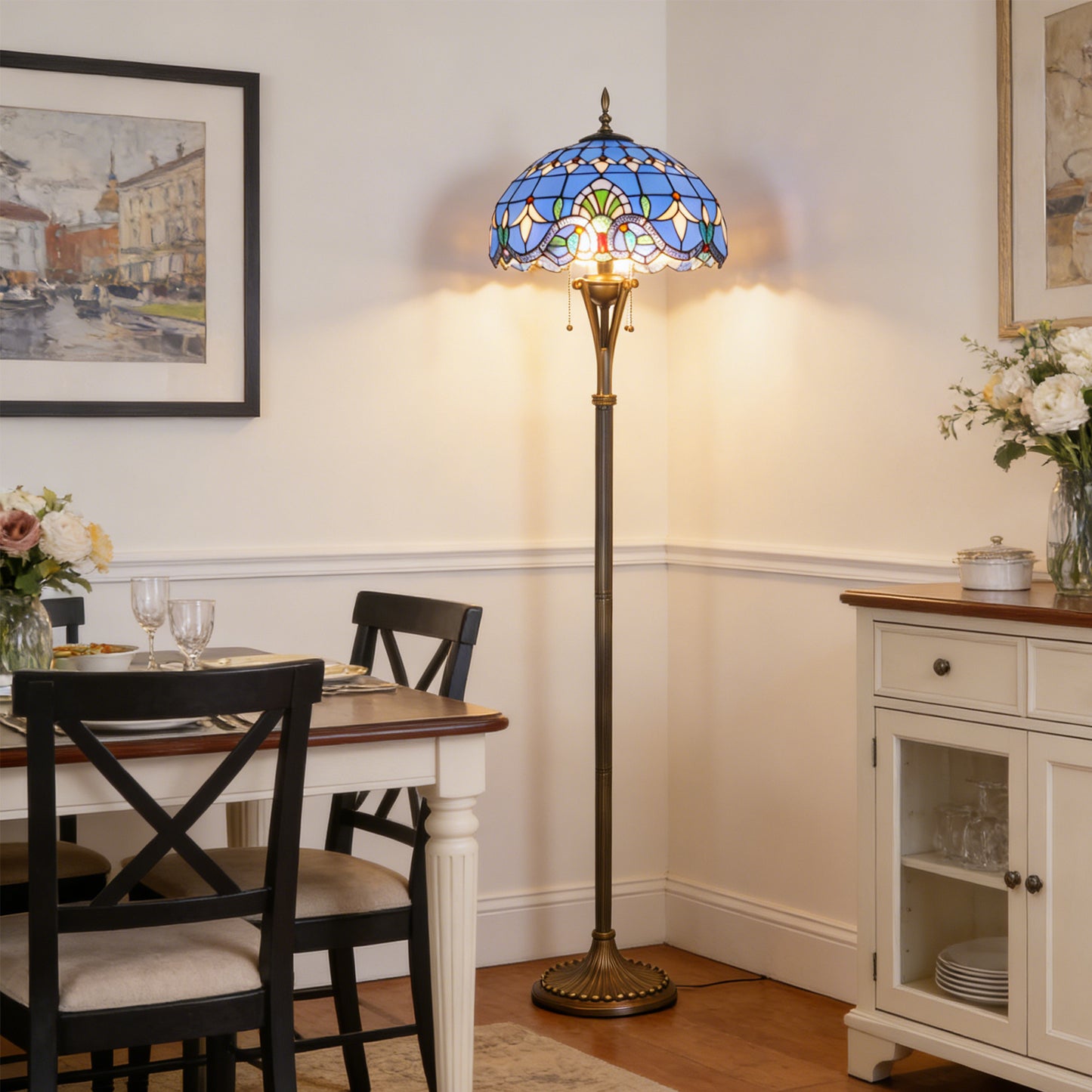 Blue Stained Glass Floor Lamp | Vintage Bronze 3-Light Pull Chain Standing Lamp