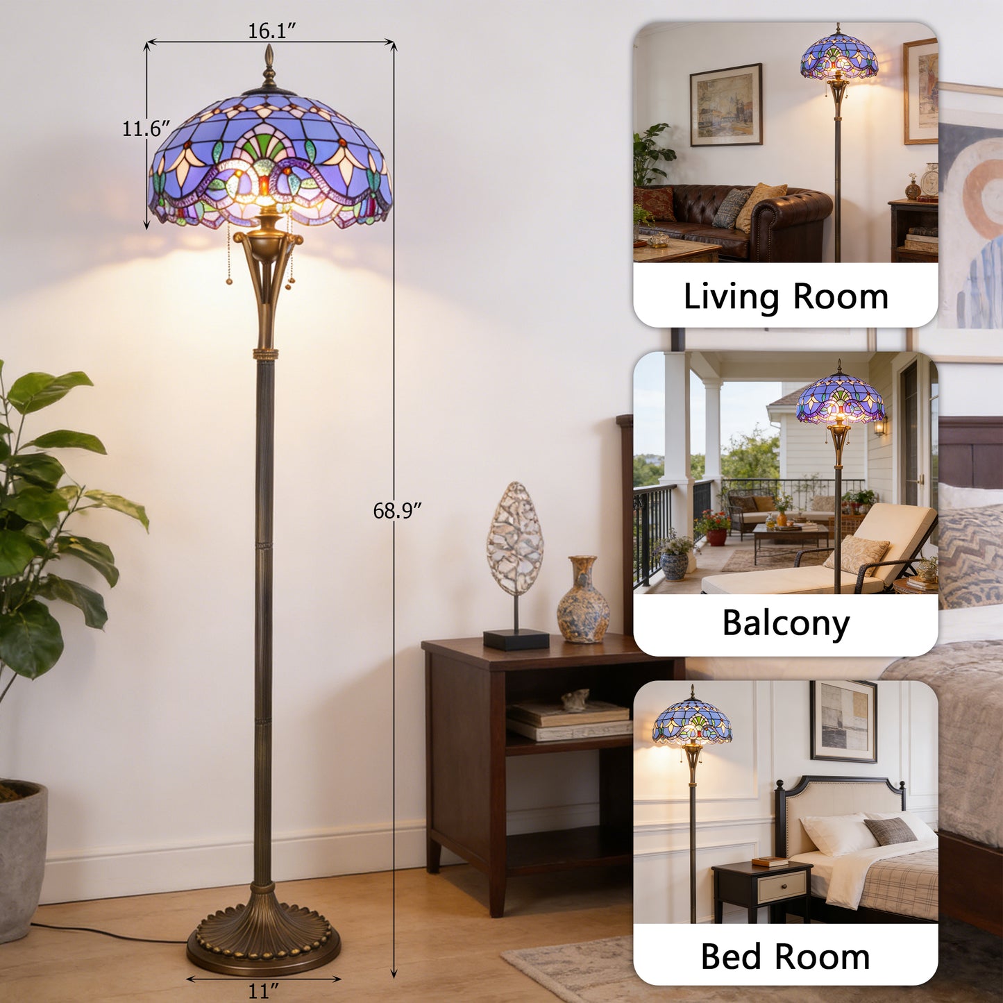 Blue Stained Glass Floor Lamp | Vintage Bronze 3-Light Pull Chain Standing Lamp