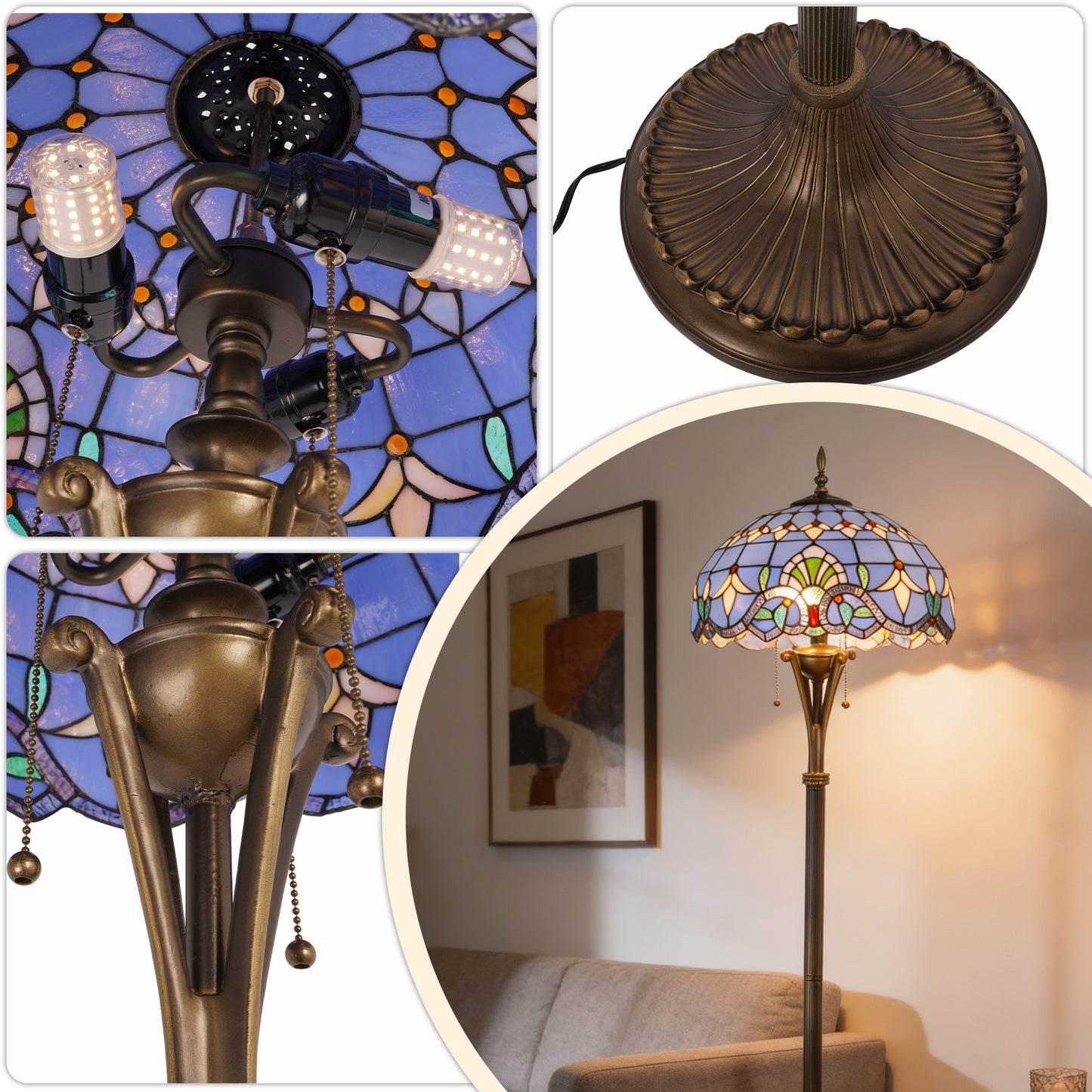 Blue Stained Glass Floor Lamp | Vintage Bronze 3-Light Pull Chain Standing Lamp