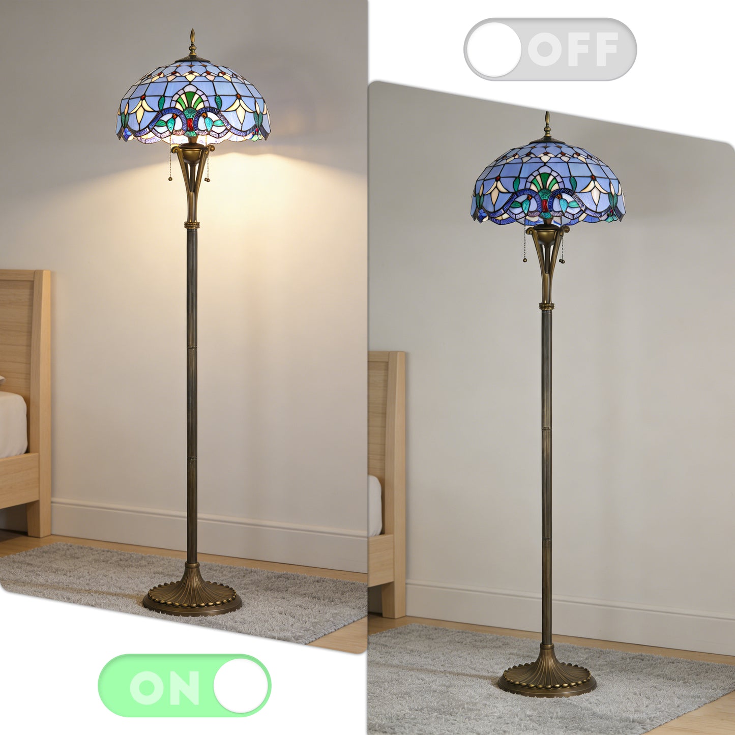 Blue Stained Glass Floor Lamp | Vintage Bronze 3-Light Pull Chain Standing Lamp