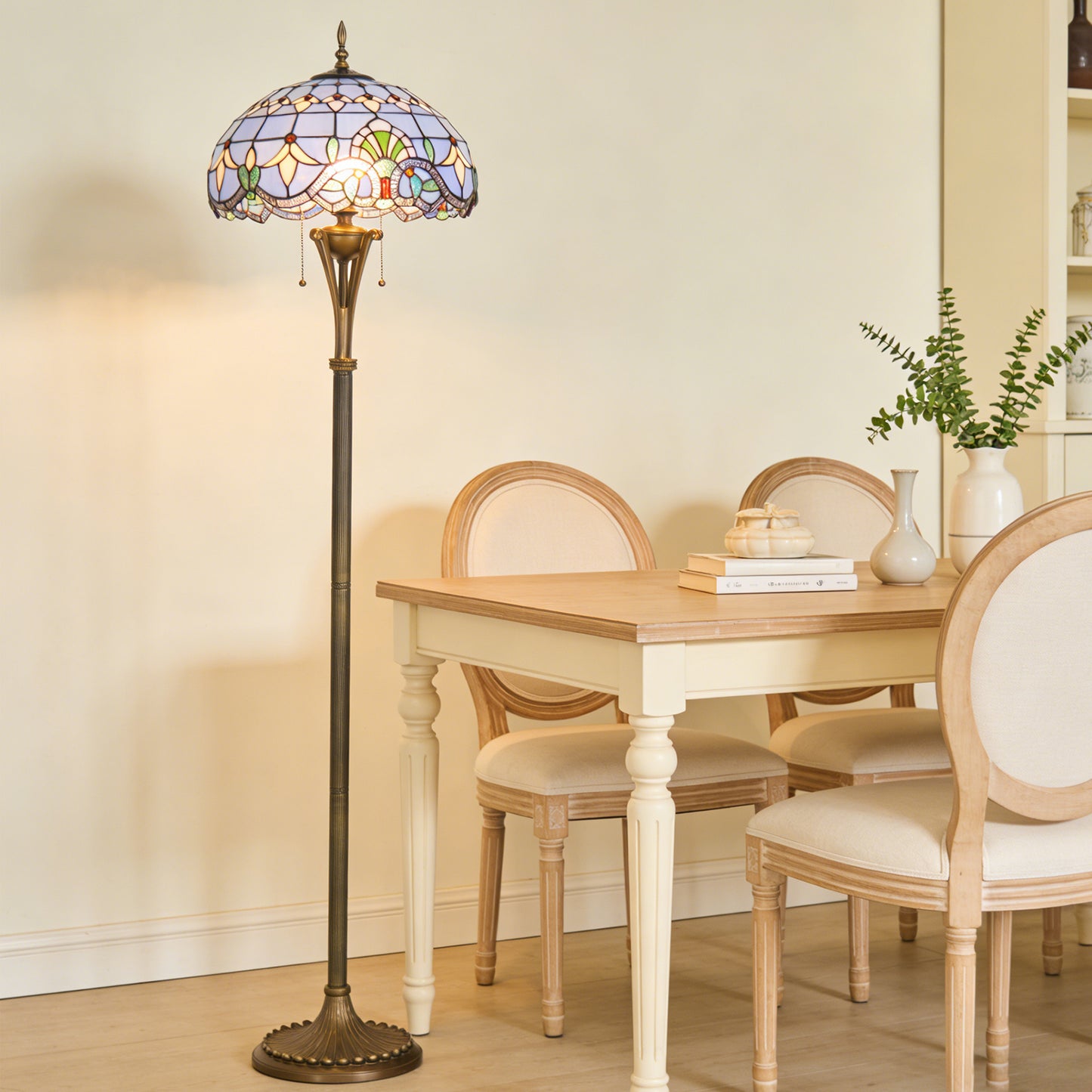Blue Stained Glass Floor Lamp | Vintage Bronze 3-Light Pull Chain Standing Lamp