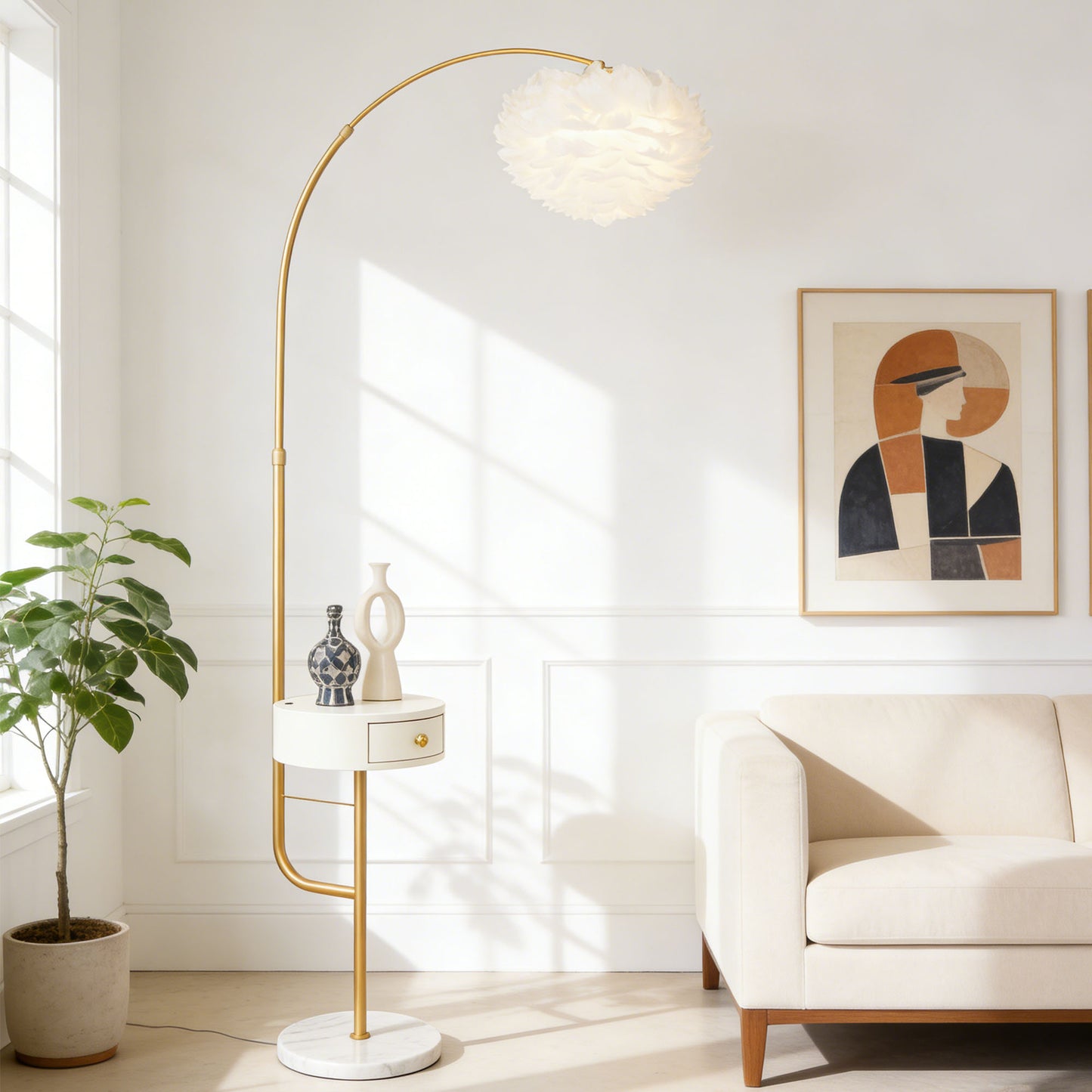 Feather Shade Arc Floor Lamp with Side Table - 3-Color Dimmable Gold Floor Lamp