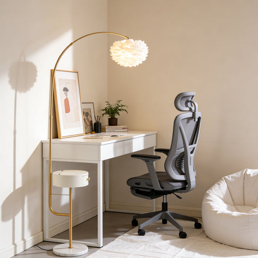 Feather Shade Arc Floor Lamp with Side Table - 3-Color Dimmable Gold Floor Lamp