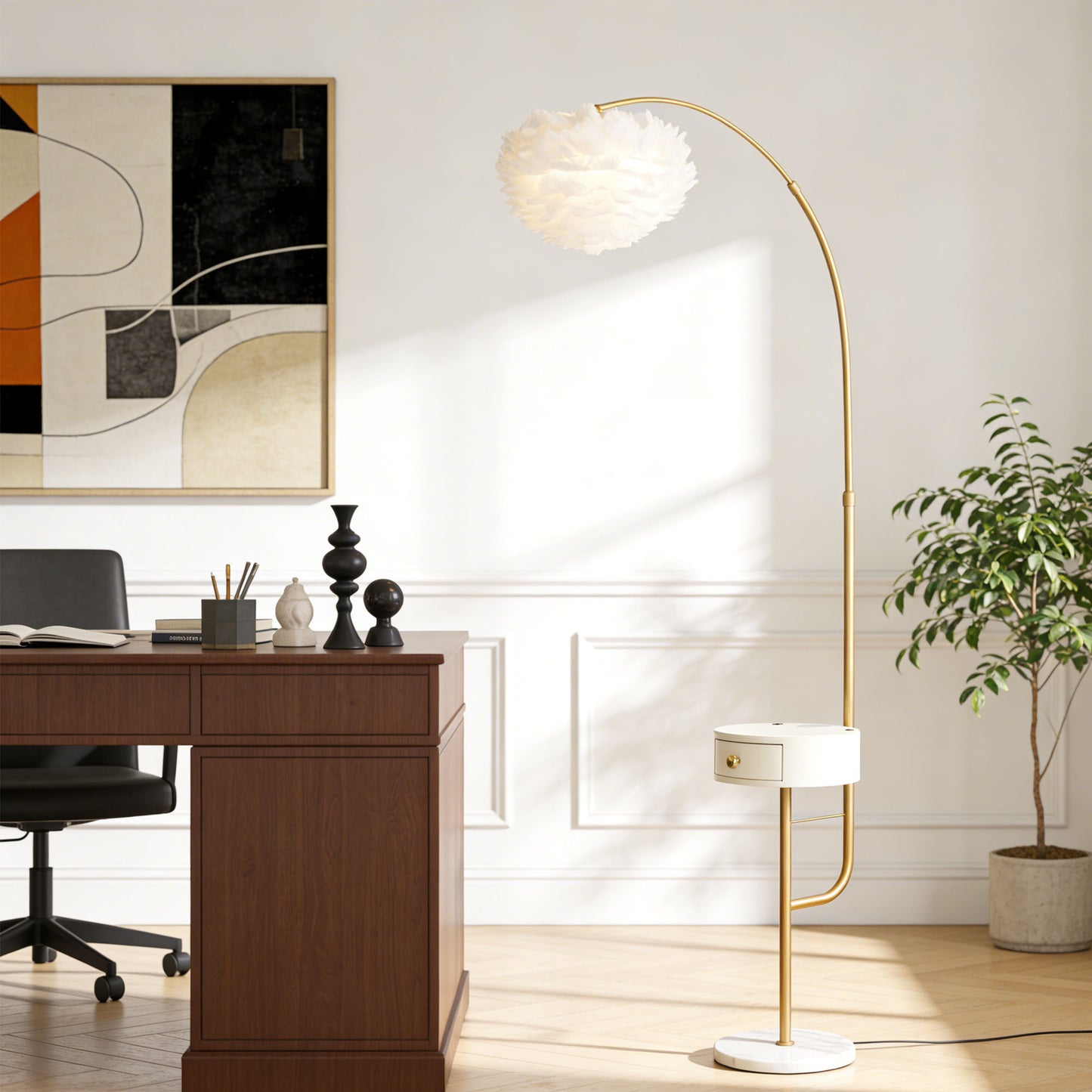 Feather Shade Arc Floor Lamp with Side Table - 3-Color Dimmable Gold Floor Lamp