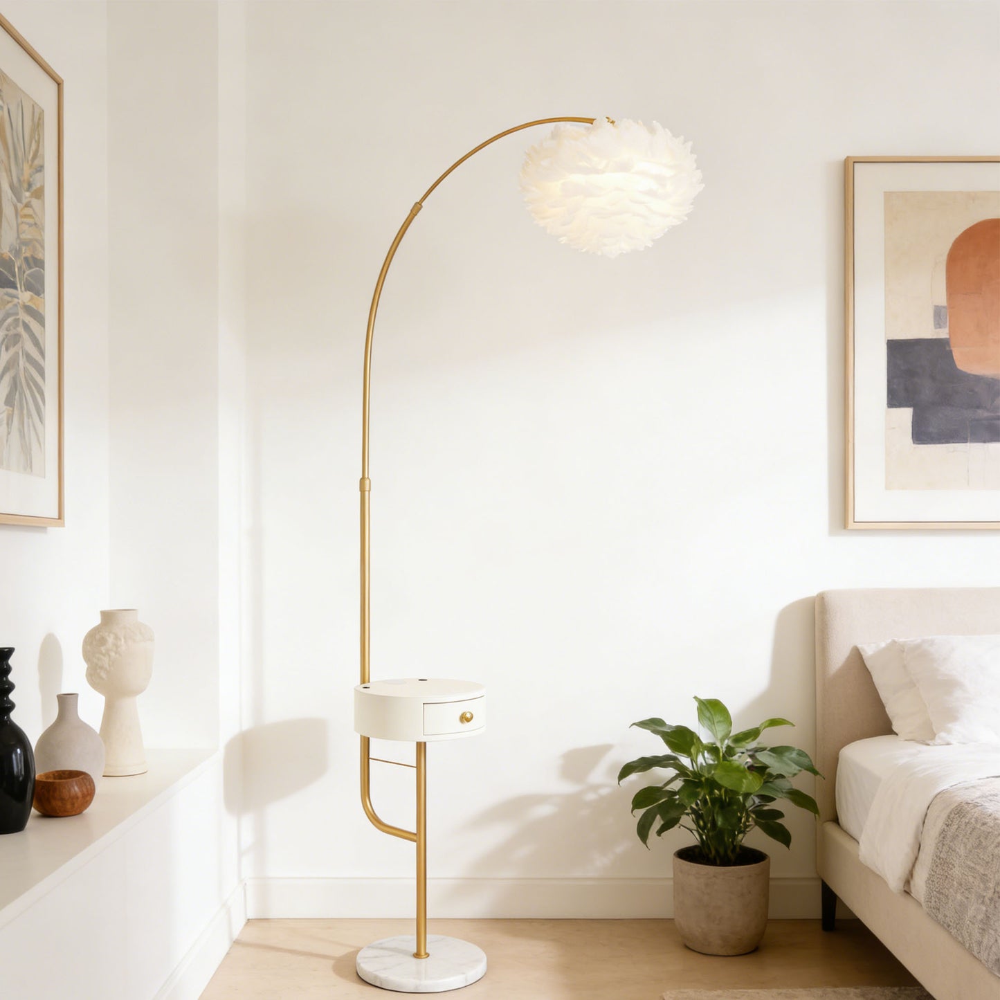 Feather Shade Arc Floor Lamp with Side Table - 3-Color Dimmable Gold Floor Lamp